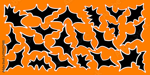 A vibrant orange background filled with numerous black bat silhouettes