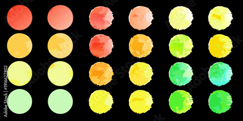 An arrangement of colorful abstract watercolor oval shapes on black