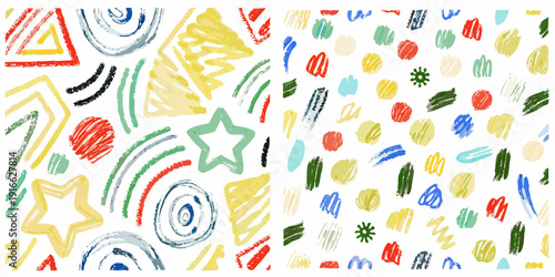 Colorful crayon scribbles and shapes scattered across a white background