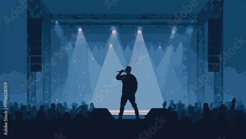 A lone singer performs on a dimly lit stage with an audience watching