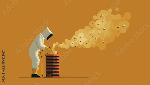 Beekeeper in protective gear using a smoker on a stacked hive with bees flying out