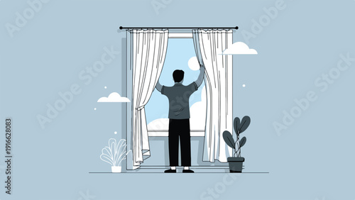 A person opens curtains to look outside at a bright, cloudy sky