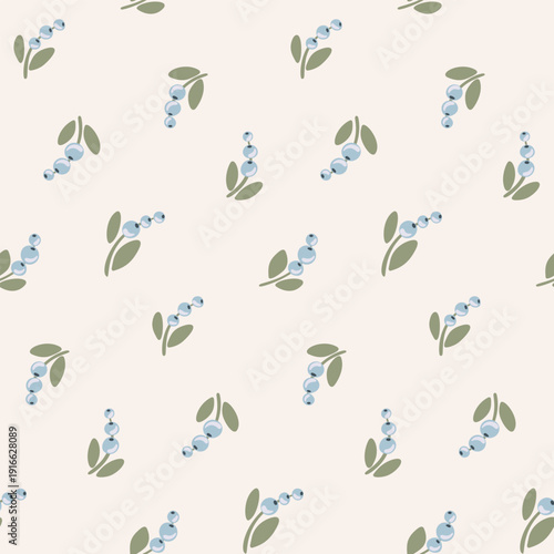 Seamless floral pattern, cute ditsy print in a delicate folk motif. Botanical design of simple small hand drawn lily of the valley flowers, tiny twigs, leaves on white background. Vector illustration.