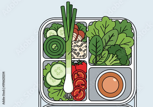 Healthy Bento Box Lunch with Fresh Vegetables and Grains.