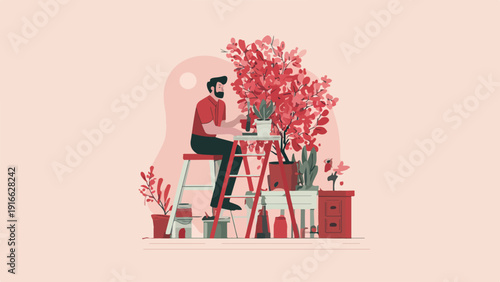 Man tending to a large potted plant with red leaves, surrounded by other plants