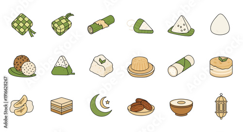 Traditional Iftar Food and Ramadan Icons Set - Indonesian Malay Cuisine Snacks, Ketupat, Lemang, and Dates for Eid Mubarak Celebration Vector Illustration