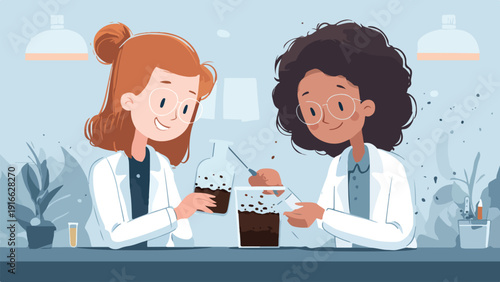 Two smiling scientists in lab coats conduct an experiment with beakers
