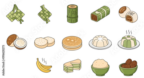 Traditional Southeast Asian Iftar Food and Ramadan Snacks Vector Illustration Set