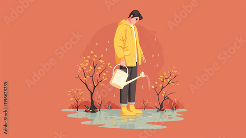 Person in yellow raincoat watering a puddle with autumn trees in the background