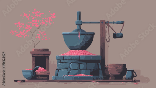 Ancient stone mill with pink blossoms and spilling grain