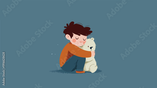 A young child hugs a plush toy bear with eyes closed, conveying comfort and warmth