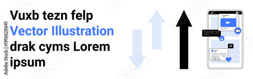 Social media, digital marketing, content creation, mobile apps, analytics, media growth. Smartphone displaying social media interface and arrows indicating data exchange. Social media and content