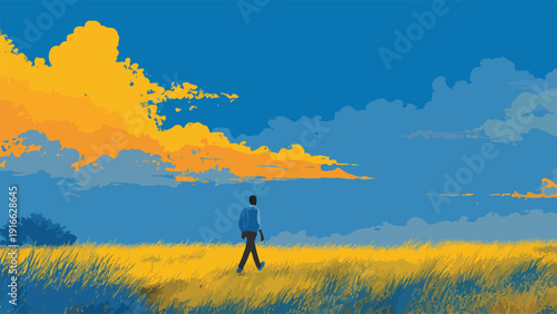 A lone figure walks through a golden field under a vast blue sky with orange clouds