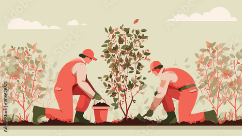 Two people in red outfits kneel in the soil, planting a small tree with red berries and green leaves