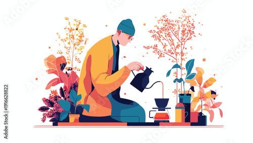 A person in a yellow jacket and blue hat prepares coffee, surrounded by colorful plants and flowers