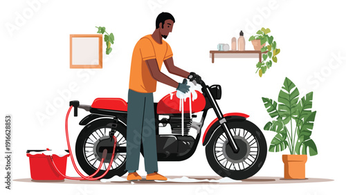 A person washes a red motorcycle with soap suds and a hose