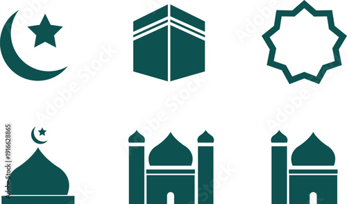 Vector set of six teal Islamic religious symbols including crescent moon, star, Kaaba, and mosque silhouettes, isolated on transparent background.