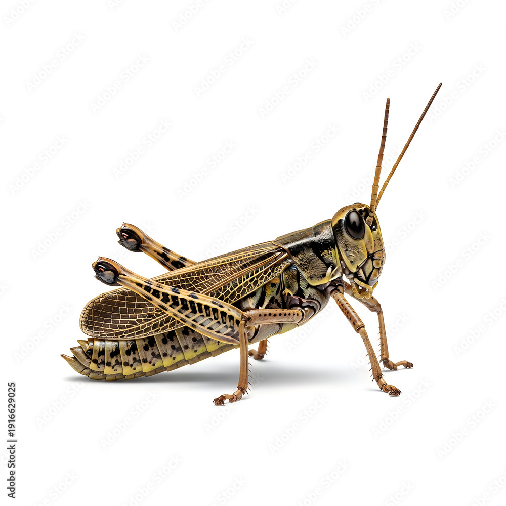 Fototapeta premium A grasshopper is standing on a white background