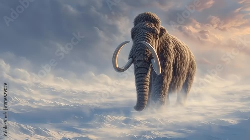 Woolly Mammoth in Foggy Snowy Mountain Landscape at Sunset