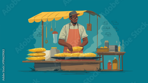 A man serves grilled corn from a colorful street cart under a yellow awning on a teal background