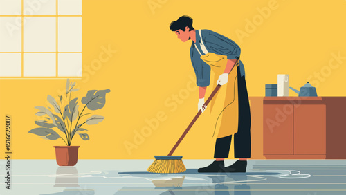 A person cleans a wet floor with a broom in a room with a plant