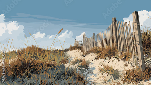 A weathered wooden fence borders a sandy path lined with dry grasses under a cloudy sky
