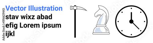 Strategy, time management, decision-making, productivity, planning, goal achievement. Minimalistic scythe, knight chess piece and clock elements. Strategy and time management concept