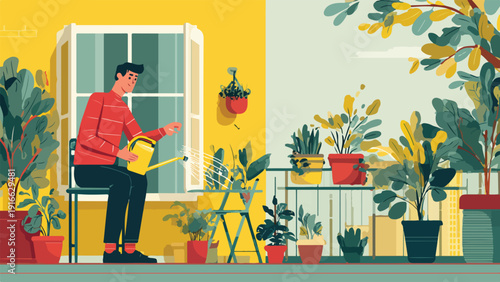 Person watering plants on a balcony with a yellow wall and greenery