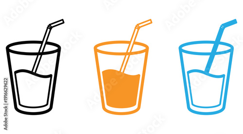 Three colorful drinks with straws in different glass containers isolated on transparent background, Vector