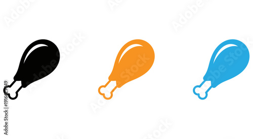 Three stylized logos of fast food chicken items in different colors isolated on transparent background, Vector