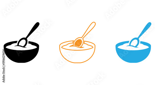 Three bowls of soup depicted with different levels of liquid and a spoon in each isolated on transparent background, Vector