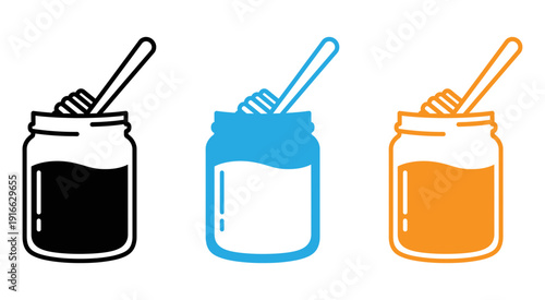 Three jars of different colored liquids with spoons for serving or measuring isolated on transparent background, Vector