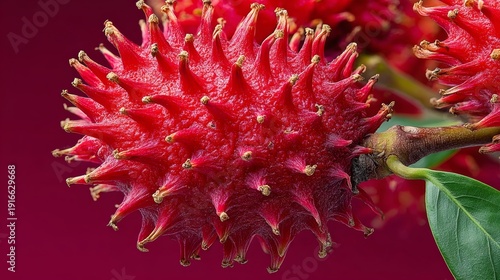A red fruit with a lot of spikes on it. The fruit is surrounded by green leaves. The fruit is very large and has a lot of spikes