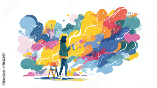 Person with spray can creates abstract colorful art on a white background