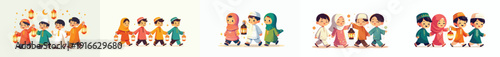 vector of muslim children walking happily holding ramadan lanterns