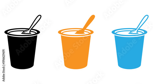 Three cups of different colored beverages with spoons ready for serving isolated on transparent background, Vector