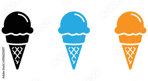 Three distinct flavors of ice cream in cones displayed side by side isolated on transparent background, Vector