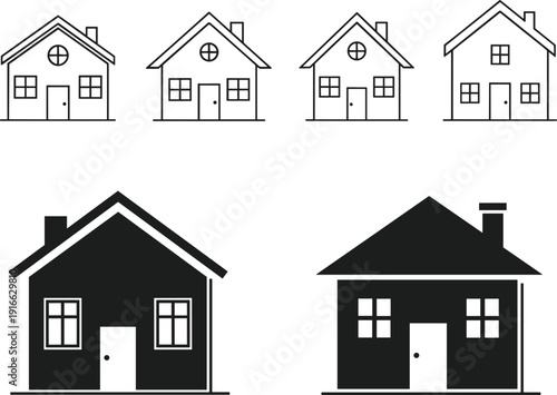 Minimalist black and white house icon set with modern residential home exterior silhouettes collection isolated vector illustration bundle
