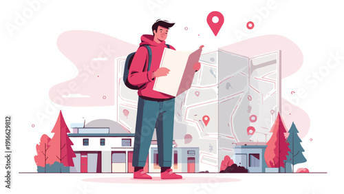 A person holding a map with location pins, with stylized buildings and trees