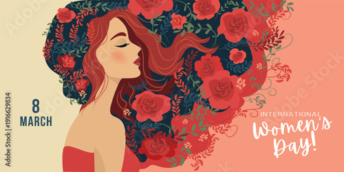 8 March International womens day Greeting Card. Beautiful young woman with flowers in hair.