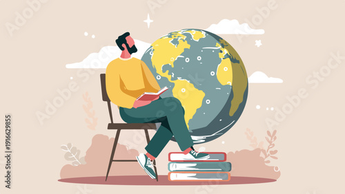 Man reads a book while sitting on a chair atop a stack of books near a globe