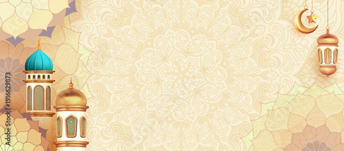 Eid Mubarak decoration banner with Ramadan lantern, mosque and mandala pattern