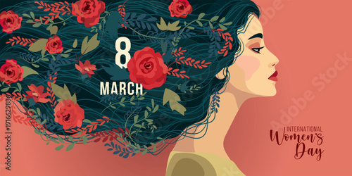 8 March International womens day Greeting Card. Beautiful young woman with flowers in hair.