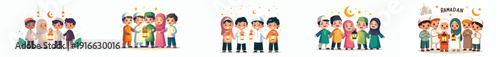 vector of muslim children standing happily holding ramadan lanterns