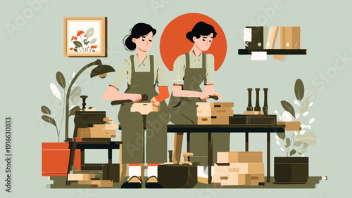 Two women in aprons meticulously assemble small wooden objects at workbenches