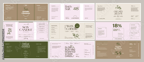 Whimsical beauty and cosmetics label collection featuring hand-drawn ink botanical sketches. Ideal for branding, packaging, and identity design.