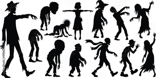 Zombie Silhouette Characters Collection with Walking Crawling and Creepy Undead Poses Isolated on White Background for Halloween Design