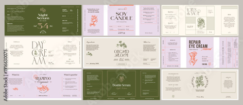 Whimsical beauty and cosmetics label collection featuring hand-drawn ink botanical sketches. Ideal for branding, packaging, and identity design.