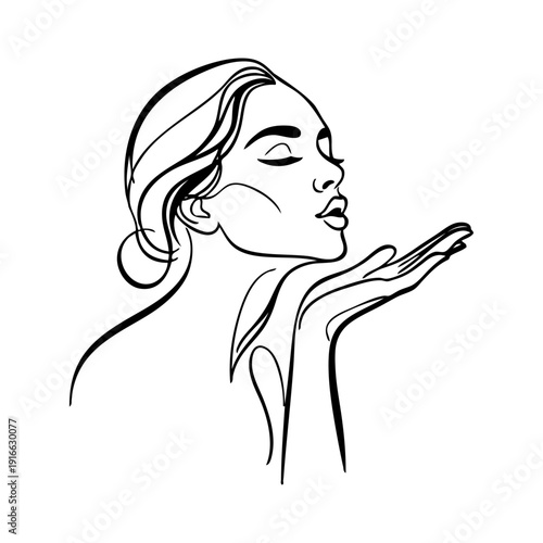 Dibujo con línea continua del retrato de una hermosa joven enviando un beso con la mano