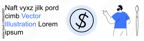 Financial growth, currency, minimal design, money concept, business strategy, economics illustration. A person pointing to a dollar sign inside a circle with simple graphic elements. Financial growth